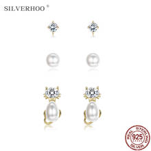 SILVERHOO 100% 925 Sterling Silver Earrings For Women Cute Kitten & Shell Pearl & Round CZ Tiny Stud Earring Sets Luxury Jewelry 2024 - buy cheap