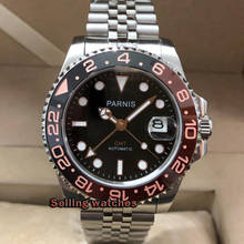 Мужские часы PARNIS 40 мм с черным циферблатом и автоматической обмоткой, с Т-образным ремешком, модель GMT с керамическим ободком 2024 - купить недорого