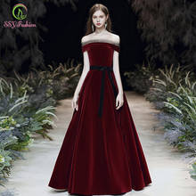 SSYFashion New Simple Vintage Burgundy Evening Dress Boat Neck Flooe-length Velour Long Prom Formal Gown Vestido De Noche 2024 - buy cheap