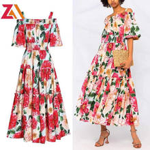 Runway Summer Ruffles Maxi Dresses For Women Elastic Waist Flower Printed Short Sleeve Beach Bohemia Long Dress Female Vestidos 2024 - buy cheap