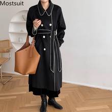 Double Breasted Belted Woolen Women Long Coat 2020 Winter Color-blocked Korean Elegant Ladies Overcoat Outwear Femme 2024 - buy cheap