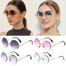 Óculos de sol sem aro redondo fumado, óculos fashion sem armação redonda com lentes de corte de diamante vintage proteção uv400 2021 2024 - compre barato