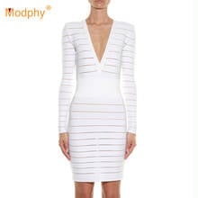 White Striped Bandage Dress 2020 Fashion New Women's Long Sleeve Sexy Bodycon Dress Club Celebrity Evening Party Vestidos 2024 - buy cheap