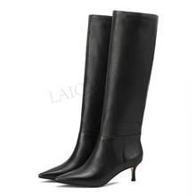 Laigzu botas altas de cano alto femininas, 2021 couro/camurça, zíper lateral, salto gatinho, sapatos de inverno, tamanho 34 42 2024 - compre barato