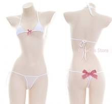 White Mini Ice Silk Cute Bow Bikini Set Pajamas Sexy Lolita Bandage Bra & Panties Set Japanese Soft Girl Cosplay Lingerie Set 2024 - buy cheap