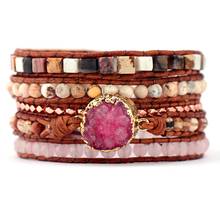 Pulseras de cuero fucsia con piedras variadas, pulsera multicapa hecha a mano, joyería Bohemia, envío directo 2024 - compra barato