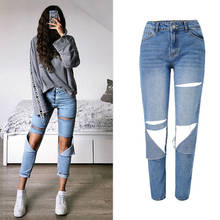 Сексуальные уличные рваные джинсы, женские рваные штаны с вырезами на коленях, популярные джинсовые брюки с высокой талией для женщин размера плюс XS 2024 - купить недорого