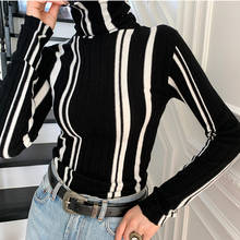 Women Fashion Chic Turtleneck Pullovers Sweaters Tops Autumn Full Sleeve Striped Female Knitted Tops 2024 - buy cheap