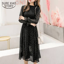 Black Vintage ClotheS Spring Lady Long Chiffon Dress 2022 Korean Fashion Women Long Sleeved Polka Dot Pleated Dresses 3670 50 2024 - buy cheap