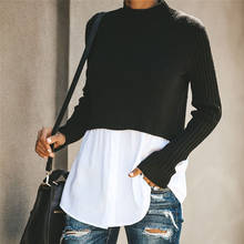 Pulôver de malha suéter de retalhos manga longa botão feminino jumper 2020 outono inverno sexy casual preto tops e blusas roupas 2024 - compre barato
