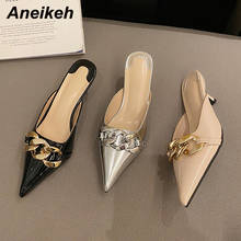 Aneikeh New Summer Fashion Low Thin Heel Sandals Pointed Toe Patent Leather Metal Decoration Ladies Outside Slippers Slip-On 2024 - buy cheap