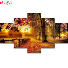 Pintura de diamantes redondos/cuadrados 5D, cuadro artesanal completo de "Parque árbol grande", combinación de múltiples imágenes, bordado 3D, decoración de paisaje de otoño, 5 uds. 2024 - compra barato