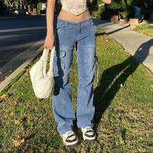 Женские джинсы с карманами Rockmore, винтажные прямые брюки-Капри с высокой талией, уличная одежда 2024 - купить недорого