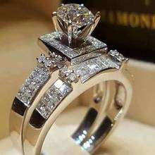 Conjunto de anillos de circonita de cristal para mujer, joyas dobles de piedra redonda blanca para mujer, joyería de boda Vintage, conjuntos de anillos de Color plateado a la moda 2024 - compra barato