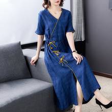 Vestido chinês vintage, vestidos femininos de verão, vestido azul com manga curta, gola v, vestido midi solto casual, verão 2020 2024 - compre barato