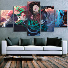 Imagem modular hd impresso poster 5 pçs demon slayer kimetsu não yaiba anime quadros em tela arte da parede para sala de estar decoração casa 2024 - compre barato