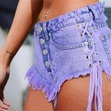 Calção jeans roxa ilhó sensual, bermuda curta casual com detalhes simples, moda feminina de amarrar, jeans para mulheres 2024 - compre barato