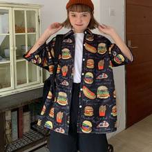 Hamburger Print Harajuku Retro Shirt Summer Ladies Loose Turn-down Collar Streetwear Tops Vintage Print Blouse 2024 - buy cheap