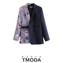 TMODA699  Women 2022 Fashion Office Floral Print Patchwork Blazer Coat Vintage Pockets With Belt Female Outerwear Chic Tops 2024 - buy cheap