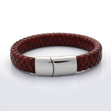12MM Wide Braided Men Bangles Retro Genuine Leather Bracelet Stainless steel  Bead Bracelets with Magnet Clasp 2024 - buy cheap