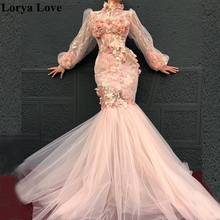 Pink Mermaid Evening Dresses 2020 Women Formal Party Robe De Soiree Muslim High Neck Long Sleeves Tulle Vestidos Long Prom Dress 2024 - buy cheap