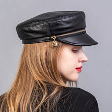 100% Leather Baseball Caps Female Korean British Winter Unisex Flat Navy Caps Women Men Golden Zipper Pearl Casual Hip Pop Hat 2024 - buy cheap