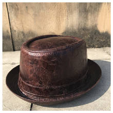 2Size Men Leather Fedora Hat Dad Pork Pie Hat Boater Flat Top Hat For Gentleman Bowler Gambler Top Hat 2024 - buy cheap