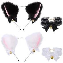 Faux Fur Kitten Ears Headband with Choker Necklace Set Sweet Bowknot Bell Lolita Hair Hoop Anime Maid Cosplay Costume 2024 - buy cheap