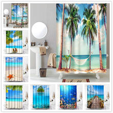 Cortinas de chuveiro à prova d'água em poliéster, rede de praia, palmeira, paisagem da orla, decoração de banheiro, banho, duchegordijn 3d 2024 - compre barato