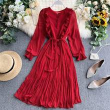 2020 spring new women's chic O-neck single breasted ruffles lace-up chiffon dress female long sleeve waist A-line dresses 2024 - buy cheap