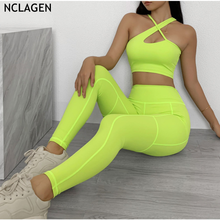 Nclagente esportivo feminino, conjunto de 2 peças para ioga, legging e top, com bolsos, para exercícios, academia, esportes 2024 - compre barato