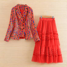 Embro Mill autumn women 2 pieces set vintage slim print suit + red A-line mesh skirts elegant lady suit female S-XL 2024 - buy cheap