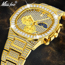 MISSFOX Man luxury Watch Gold Ice Out Full Diamond Square Wristwatches Double Dial Chronograph Waterproof Watches Mens 2020 New 2024 - buy cheap