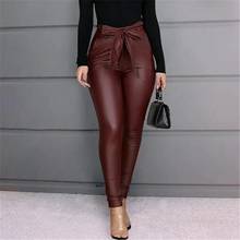 Leggings de piel sintética para mujer, pantalones de cintura alta elásticos con lazo, pitillo, color negro, rojo vino 2024 - compra barato
