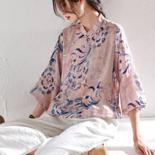 Fairynatural feminino estilo chinês blusas e camisas estilo rami estampadas botões florais 2021 primavera feminino solto retrô blusas e suporte 2024 - compre barato