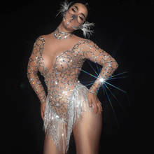 Strass de prata nude malha transparente bodysuit manga longa franja traje sexy discoteca bar dj cantor palco wear dn6193 2024 - compre barato