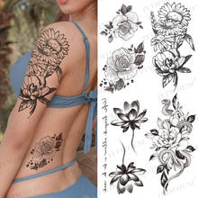 Дизайнерские водонепроницаемые временные Черные художественные рисунки, цветы, тату, рукава, наклейки, флэш-Имитация тела, хризантемы, татуировки для женщин 2024 - купить недорого