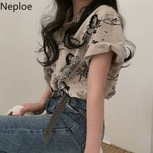 Neploe Korean Shirts Short Sleeve Tops and Blouses Funny Print Vintage Women Blouse Loose Casual Student Blusas Femme Shirt 2024 - buy cheap