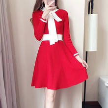 Vestido corto de punto de manga larga para otoño e invierno, minivestido de punto con cuello de pajarita, moda coreana, P-266, 2019 2024 - compra barato