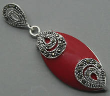 925 STERLING SILVER RED CORAL  MARCASITE NECKLACE PENDANT 18x40MM 2024 - buy cheap