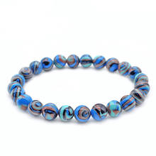 Cor azul pedra natural frisado pulseiras casais distância pulseira energia elástica corda malaquita jóias para mulheres masculinas 6mm 8mm 2024 - compre barato