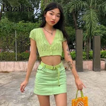 Bazaleas harajuku Hollow Out Green Slim tshirt Streetwear Knitted Women T-shirt Fashion Crop Tops Casual Shirts 2024 - buy cheap