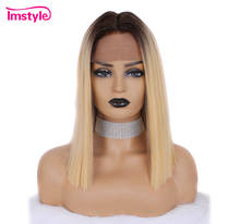 Imstyle Ombre Blonde Wig Short Straight Synthetic Lace Wig T Part Dark Root Heat Resistant Fiber Middle Part Natural Hairline 2024 - buy cheap