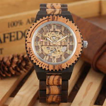 Relógio masculino de madeira esqueleto transparente, numeral romano dourado, relógio mecânico, automático, corda automática, pulseira completa de madeira 2024 - compre barato