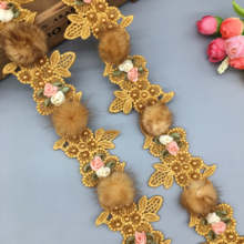 1 quintal ouro e marrom pompom 3d flor bordado laço guarnição fita tecido artesanal artesanato de costura casamento para decoração traje 2024 - compre barato