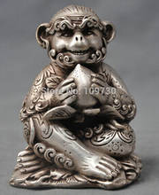 free shipping<<<<5'' China Silver Bronze Feng Shui Zodiac Monkey Auspicious Bronze Statue 2024 - buy cheap