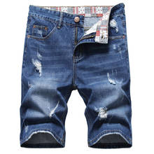 Verão masculino azul denim rasgado jeans shorts casuais buracos angustiados jeans na altura do joelho calças 2024 - compre barato