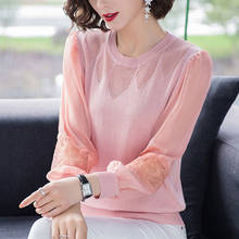 Women Autumn Knitted Sweater Ladies Sexy Lace Patchwork Long Sleeve Pullover Top Casual Winter Sweater Women Pink White 2021 2024 - buy cheap