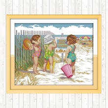 Babies Play In The Beach DIY Needlework Crafts 14CT 11CT Counted and Stamped Cross Stitch Kits DMC Cotton Thread Printed Canvas 2024 - buy cheap