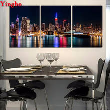 Pintura de diamante 5D Diy, bordado de diamantes cuadrados y redondos, paisaje nocturno de la ciudad de Nueva York, mosaico de diamantes de imitación para decoración, tríptico 2024 - compra barato